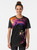 A colorful graphic t-shirt featuring an astronaut surfing through a cosmic galaxy with stars and planets in the background. - Women