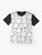 Graphic t-shirt featuring a repetitive pattern of stylized, minimalist dog designs in black and white - Flat lay