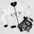 Minimalist bomber jacket with a French bulldog design, featuring the words "Peace, Love & Frenchies". - Flat lay