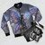 Fairy fantasy bomber jacket featuring a celestial blue and purple night sky design by artist Molly Harrison - Flat lay
