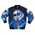 Sans from Undertale in a blue glowing eye skeleton bomber jacket