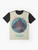 Graphic t-shirt featuring a Lovecraftian inspired mountain of madness design with lightning bolts, tentacles, and occult symbols. - Flat lay
