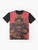 A graphic t-shirt featuring a dead samurai warrior with a sword and red background. - Flat lay