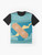 Golurk, a Pokemon character, depicted in a pixelized, lineless graphic design on a blue t-shirt. - Flat lay