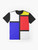 Mondrian-inspired geometric graphic t-shirt with primary colors of red, blue, and yellow - Flat lay