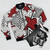 Persona 5 bomber jacket with a background of white and red stars and stripes - Flat lay