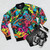 Marvel-inspired Kirby bomber jacket featuring psychedelic and colorful superhero designs - Flat lay