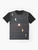 Graphic t-shirt featuring a design of a crescent moon and mountain landscape against a starry night sky - Flat lay