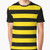 A t-shirt featuring wide horizontal yellow and black striped design, reminiscent of rugby or bumble bee stripes