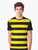 A t-shirt featuring wide horizontal yellow and black striped design, reminiscent of rugby or bumble bee stripes - Men