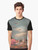 Vintage, retro future graphic t-shirt design featuring a surreal collage of a spaceship, mountains, clouds, and people in a colorful, 1960s-inspired style. - Men