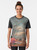 Vintage, retro future graphic t-shirt design featuring a surreal collage of a spaceship, mountains, clouds, and people in a colorful, 1960s-inspired style. - Women