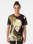 Surreal graphic t-shirt featuring a skull and skeleton design with floral and celestial elements, representing the beauty and impermanence of existence. - Women
