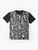 Graphic t-shirt featuring a black and white compass pattern design inspired by the bold style of artist Keith Haring, promoting optimism and unity. - Flat lay
