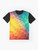 A colorful abstract geometric graphic design t-shirt with triangle and polygon shapes. - Flat lay