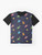 Cute dinosaur wearing a jetpack and floating in a starry galaxy - Flat lay