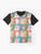 Graphic t-shirt design featuring four popular meme cats - Knife Cat, Sad Cat, Cat No Banana, and more in a pop art style. - Flat lay