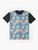 Retro-style graphic t-shirt with a pattern of nineties-inspired dinosaur designs, including Tyrannosaurus Rex, Pterodactyl, and more. - Flat lay