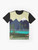 Graphic t-shirt featuring a peaceful landscape with deer, trees, and a river - Flat lay