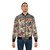 Blue antique Persian silk rug bomber jacket with floral and animal print design - Lifestyle