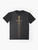 Dungeons and Dragons dice set sword graphic t-shirt for tabletop RPG gaming fans. - Flat lay