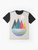 Vibrant and colorful graphic t-shirt featuring a landscape dream with a rainbow and geometric elements - Flat lay