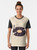 Cosmic Sound Graphic T-Shirt featuring a surreal design of an astronaut, stars, planets, and vinyl record - Women