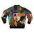 A colorful, printed bomber jacket featuring various characters from Tim Burton's films, including Johnny Depp as Edward Scissorhands, Jack Sparrow, and the Mad Hatter. - Back