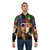 A colorful, printed bomber jacket featuring various characters from Tim Burton's films, including Johnny Depp as Edward Scissorhands, Jack Sparrow, and the Mad Hatter. - Lifestyle