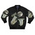 A bomber jacket featuring a night sky design with three tubas and a full moon.
