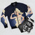Blond bomber jacket with Alejandro Mogollo art design - Flat lay