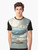 A whimsical graphic t-shirt design featuring an ocean scene with a blue whale, tall ships, and a starry sky. - Men