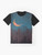 Graphic t-shirt featuring a landscape with a moon, stars, lightning, and fireflies in a forest setting - Flat lay