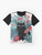Tropical black cat graphic t-shirt with floral and tropical elements - Flat lay
