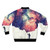 A colorful bomber jacket featuring a negative space art design with geometric patterns and a space/universe theme. - Back