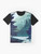 A t-shirt featuring a beautiful graphic design of the Canadian Rocky Mountains with a scenic landscape of mountains, water, and a colorful sky. - Flat lay