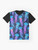 Glowing, bioluminescent jellyfish in a colorful, ombre pattern on a navy blue background - Flat lay