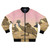Bomber jacket featuring a graphic design of bunnies and emus charging in a cavalry formation.