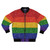Vibrant LGBTQ pride rainbow bomber jacket with glitter and sparkle details