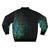 Peacock feathers printed on a black bomber jacket with a modern, abstract design. - Back