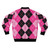 A pink bomber jacket featuring an argyle pattern design in a classic, retro-inspired style. - Back