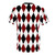Closeup of a black, white, and red t-shirt with a bold diamond pattern design - Back