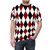 Closeup of a black, white, and red t-shirt with a bold diamond pattern design - men front