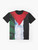 Palestinian flag graphic printed on a t-shirt, featuring the iconic colors and design of the Palestinian national flag. - Flat lay