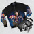 Alejandro Mogollo's graphic art featured on a bomber jacket - Flat lay