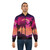 A vibrant and retro futuristic bomber jacket featuring a vaporwave landscape with palm trees, mountains, and a glowing sun grid. - Lifestyle