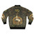 A bomber jacket featuring a captive unicorn amidst a lush green floral motif, inspired by fantasy and mythological elements. - Back