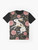 Graphic t-shirt featuring an entangled rabbit in a magical, floral landscape with stars and laurel - Flat lay