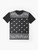 Black bandana graphic t-shirt with urban and western design elements - Flat lay