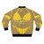 Vintage bomber jacket with a yellow polka dot bikini design, featuring retro lyrics and quotes. - Back
